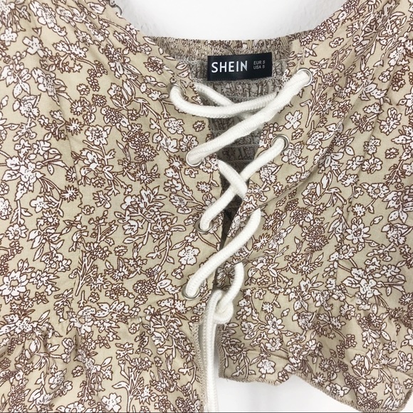 Shein Tan Floral Lace Up Crop Top - Picture 5 of 7